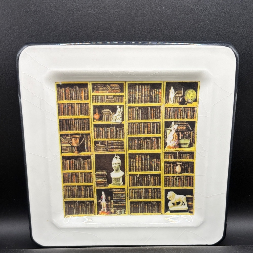 Brunelli Italy Libreria Library Bookshelf Motif Square Ceramic Plate, Tableware